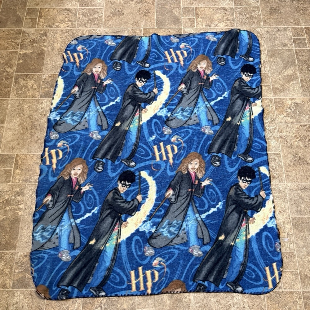 Vtg 2001 Harry Potter Fleece Blanket Throw 55x43 Blue Hermione Harry Wand Spell